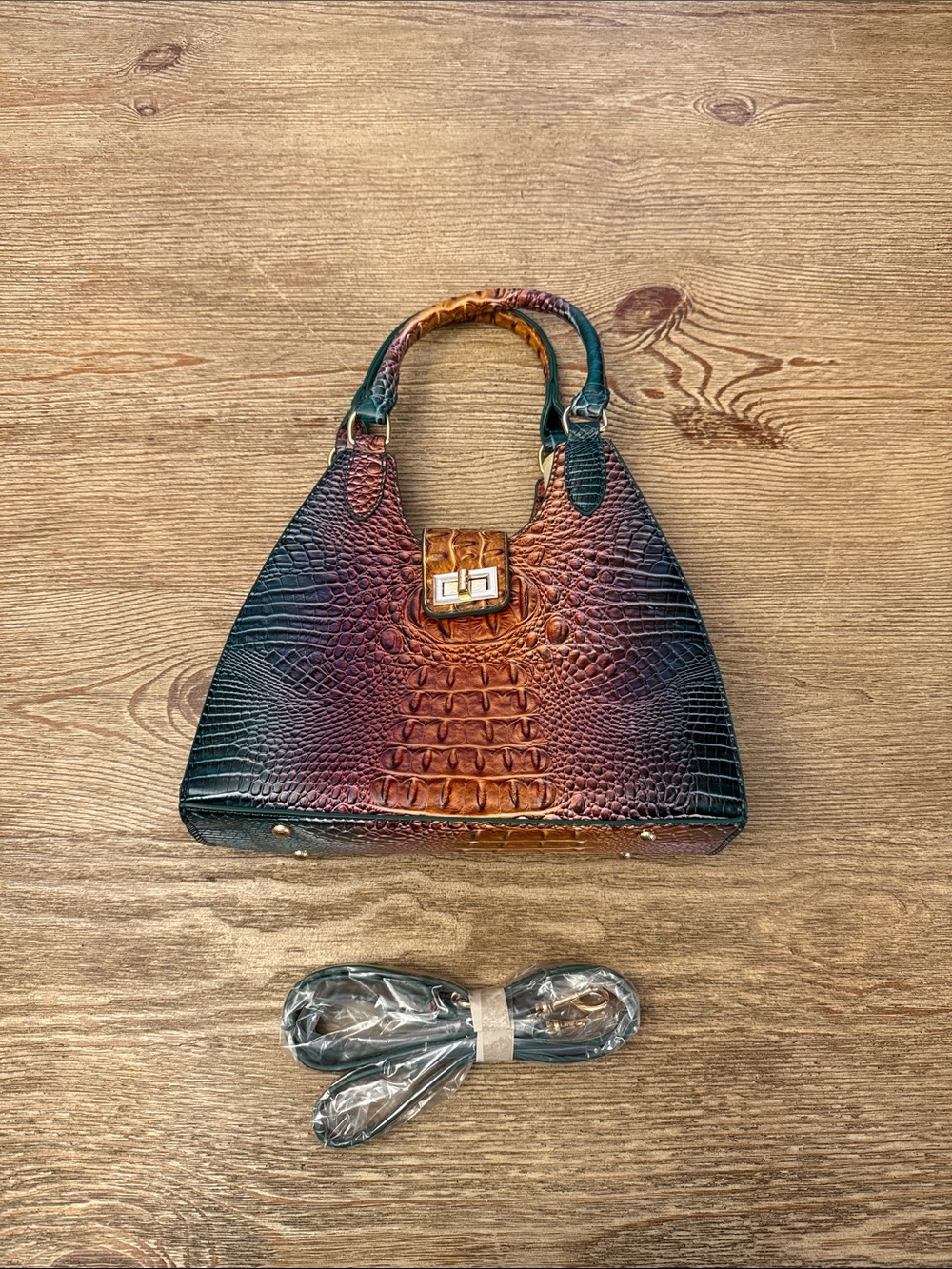 Croc-Embossed Top-Handle Bag in Teal/Brown Ombre